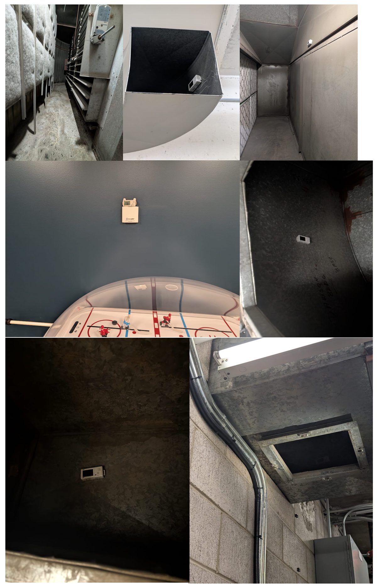 Composite of HOBO data logger deployment locations inside ductwork, at air handler intakes and in occupied zones