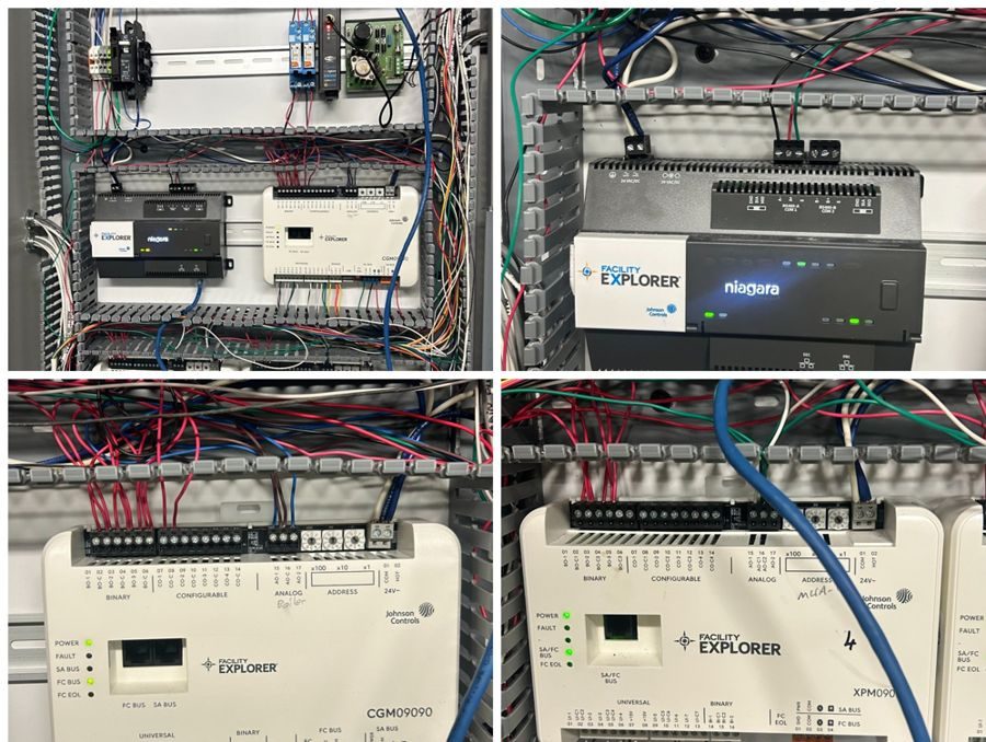 Four views of the installed BAS control enclosure showing a Niagara JACE supervisory controller, a Johnson Controls Facility Explorer CGM09090 controller and XPM09090 expansion modules, with field wiring terminated