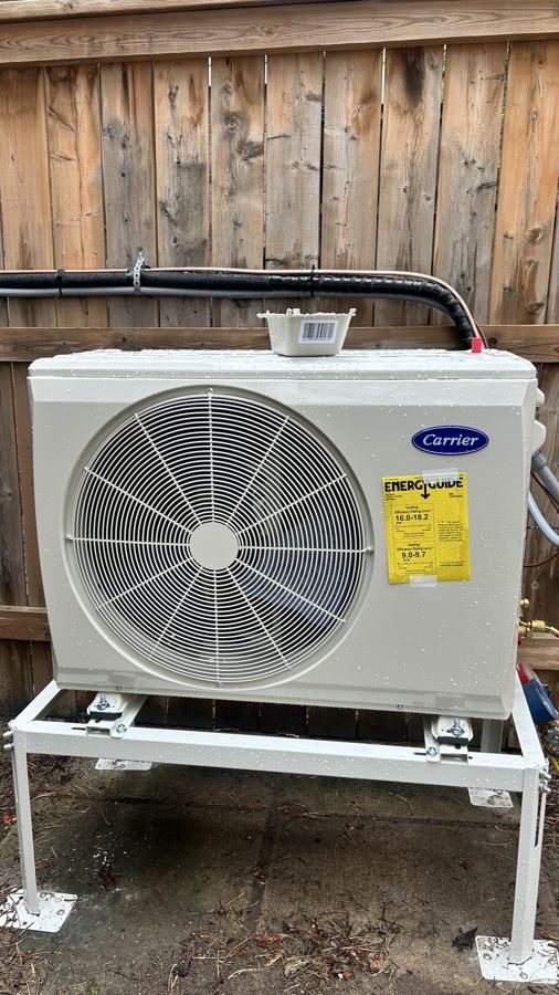 Outdoor heat pump condensing unit mounted on a pad beside a townhome