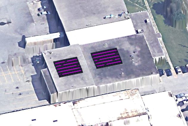 Aerial view of 228 Midwest Road with the modelled photovoltaic array placement overlaid in magenta across two roof sections