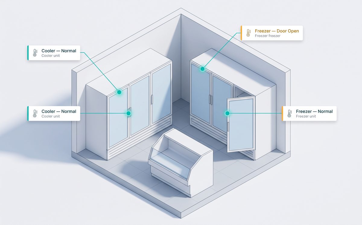 Rendering of temperature sensors placed across a retail cooler and freezer line