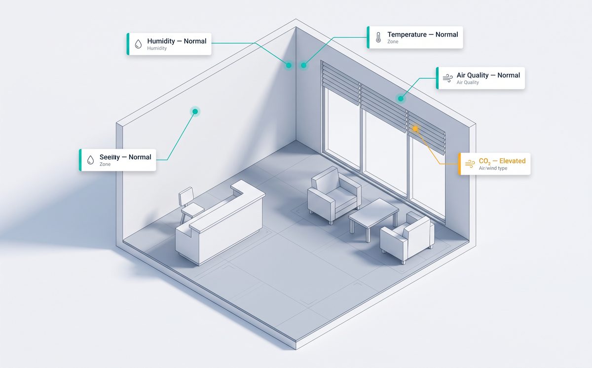 Rendering of environmental condition sensors in a lobby and seating area